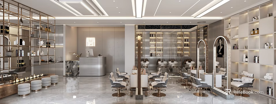 Elegant Modern Beauty Hair Salon Interior With Styling Chairs Mirrors And Product Displays 3d model 