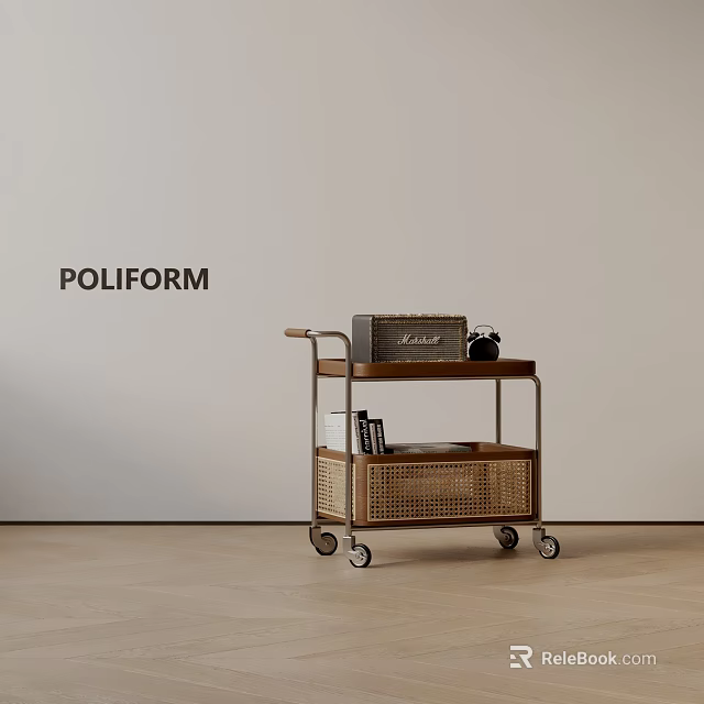 Poliform Stylish Wooden Side Cart With Rattan Storage Basket And Wheels 3d model 