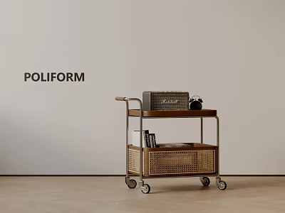 Poliform Stylish Wooden Side Cart With Rattan Storage Basket And Wheels 3d model