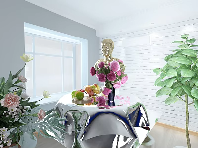 Elegant Indoor Decor With Golden Sculpture Flower Bouquet Fruits And Green Plant 3d model