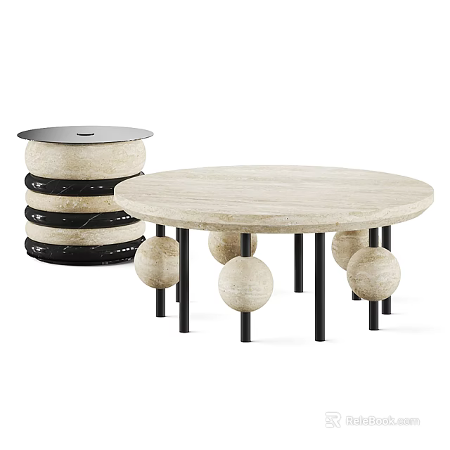 Modern Round Coffee Table With Light Stone Top And Black Metal Spherical Legs Design 3d model 