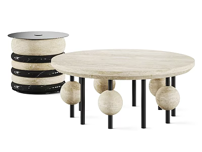 Modern Round Coffee Table With Light Stone Top And Black Metal Spherical Legs Design 3d model