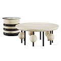 Modern Round Coffee Table With Light Stone Top And Black Metal Spherical Legs Design