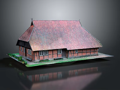 Traditional Style Brick House Model With Red Tile Roof And Green Grass Base 3d model