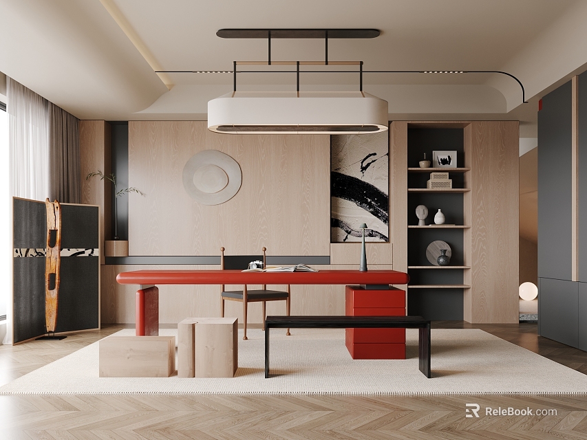 Modern Study Room Interior With Red Desk Built in Bookshelves Pendant Light And Herringbone Floor 3d model 
