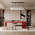 Modern Study Room Interior With Red Desk Built in Bookshelves Pendant Light And Herringbone Floor