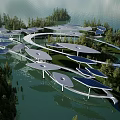 Modern Unique Landscape Bridge Over Water With Leaf Shaped Canopies And Tree Islands