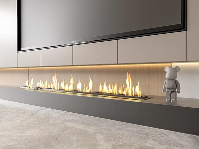 Modern Fireplace In Contemporary Interior With Flames Cabinetry And Bear Figurine 3d model