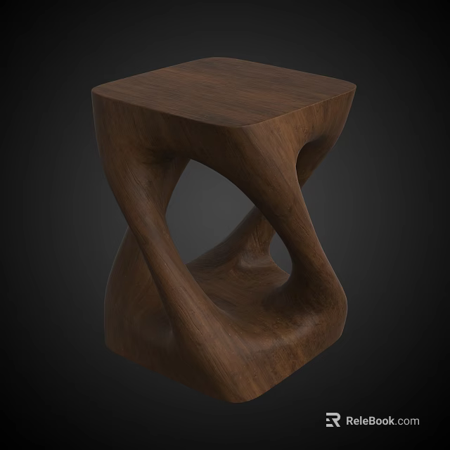 Unique Modern Wooden Stool With Twisted Structure And Walnut Finish Design 3d model 
