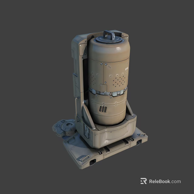 Beige Metallic Mechanical Device With Cylindrical Body Perforated Surface And Base Stand 3d model 