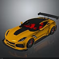 Yellow Sports Car with Black Rear Spoiler Red Interior Black Roof Stripe and Alloy Wheels