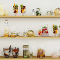 Assorted Refreshing Beverages on Wooden Shelves with Glass Pitchers Fruit Garnishes and Mint