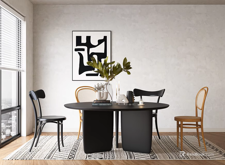 Modern Black Round Dining Table Set with Stylish Chairs Green Plant and Geometric Rug 3d model 
