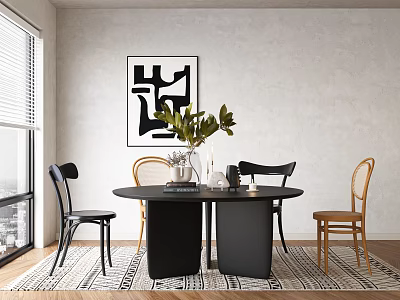 Modern Black Round Dining Table Set with Stylish Chairs Green Plant and Geometric Rug 3d model
