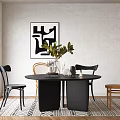 Modern Black Round Dining Table Set with Stylish Chairs Green Plant and Geometric Rug