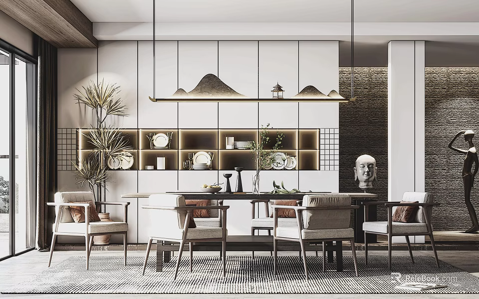 Elegant Modern Restaurant Interior Design With Dining Table Chairs Pendant Lights And Decorative Display Cabinet 3d model 