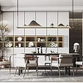 Elegant Modern Restaurant Interior Design With Dining Table Chairs Pendant Lights And Decorative Display Cabinet