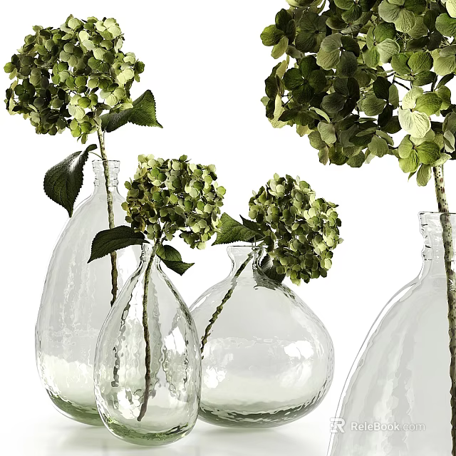 Clear Glass Vases With Fresh Green Hydrangea Flowers For Home Decor 3d model 