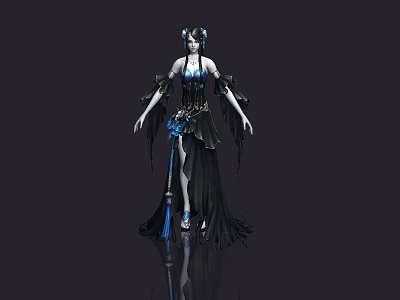 Game and Movie Character in Black Gown with Blue Accents and Horned Headdress 3d model