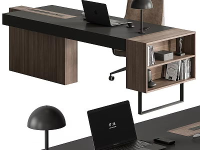 Modern Wooden Office Desk With Black Top Laptop Desk Lamp And Storage Shelves 3d model