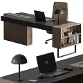 Modern Wooden Office Desk With Black Top Laptop Desk Lamp And Storage Shelves