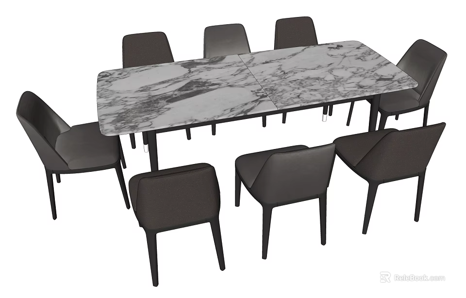 Modern Style Dining Table Set With Marble Tabletop And Eight Dark Chairs 3d model