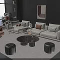 Modern Light Beige Sofa And Coffee Table Set With Decorative Pillows Round Ottomans