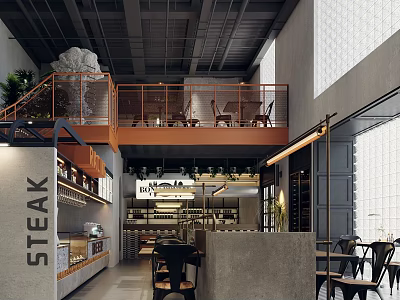 Modern Steak Restaurant Interior With Mezzanine Floor Metal Railings Gray Walls And Lighting 3d model