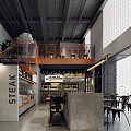 Modern Steak Restaurant Interior With Mezzanine Floor Metal Railings Gray Walls And Lighting