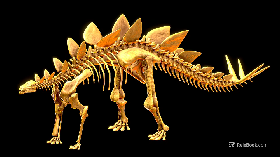 Golden Dinosaur Skeletal Organ Structure With Detailed Bone Features On Black Background 3d model 