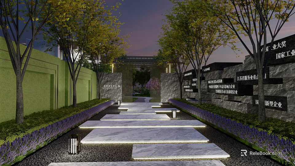 Elegant Modern Garden Landscape With Stone Path Trees And Illuminated Lamp Posts 3d model 