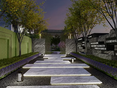 Elegant Modern Garden Landscape With Stone Path Trees And Illuminated Lamp Posts 3d model