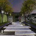 Elegant Modern Garden Landscape With Stone Path Trees And Illuminated Lamp Posts