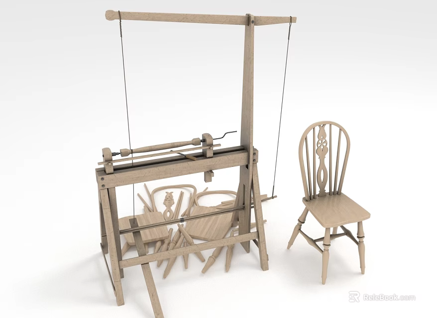 Traditional Wooden Loom And Handcrafted Wooden Chair With Vintage Design Elements 3d model 