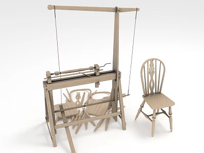 Traditional Wooden Loom And Handcrafted Wooden Chair With Vintage Design Elements 3d model