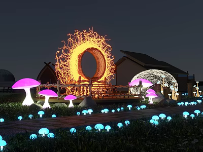 Nighttime Park Landscape With Glowing Mushroom Sculptures Circular Installation And Background Buildings 3d model