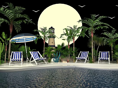 Tropical Palm Trees and Green Plants with Lighthouse Blue White Umbrella Pool Under Full Moon 3d model