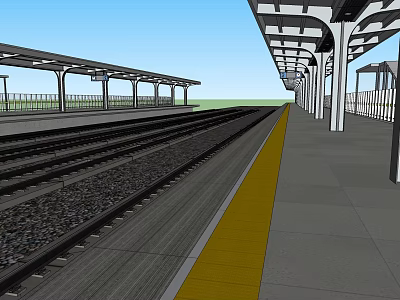 Railway Platform Infrastructure With Train Tracks Canopies And Yellow Safety Line 3d model