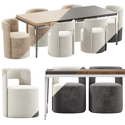 Modern Dining Table Set With Wooden Top Metal Frame And Beige Grey Stools 3d model