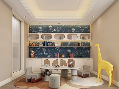Cozy Modern Playroom With Bookshelves Toys Giraffe Rug And Chairs 3d model