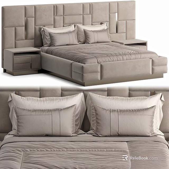 Modern Double Bed With Tufted Headboard And Matching Nightstands In Neutral Tone 3d model 