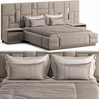 Modern Double Bed With Tufted Headboard And Matching Nightstands In Neutral Tone 3d model