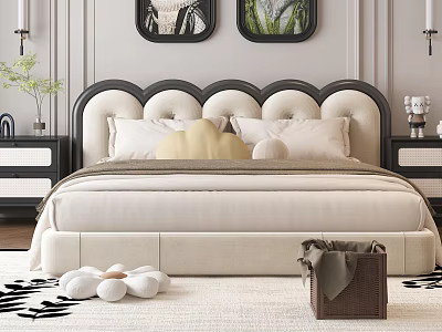 Modern Double Bed With Curved Headboard Beige Mattress White Pillows And Decorative Nightstands 3d model