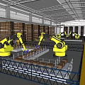 Warehouse Interior With Automated Yellow Robots And Storage Shelves Full Of Boxes