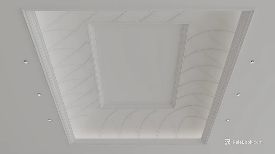Elegant White Ceiling Design With Square Panel Arched Patterns And Recessed Lights 3d model