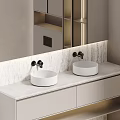 Modern Bathroom Vanity With Double Sinks Large Mirror And Marble Wall Design