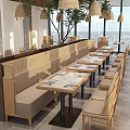 Modern Restaurant Interior With Wicker Pendant Lights Indoor Plant Large Windows And Rattan Chairs