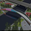 Colorful Curved Pedestrian Bridge Over River With Surrounding Greenery And Sports Courts