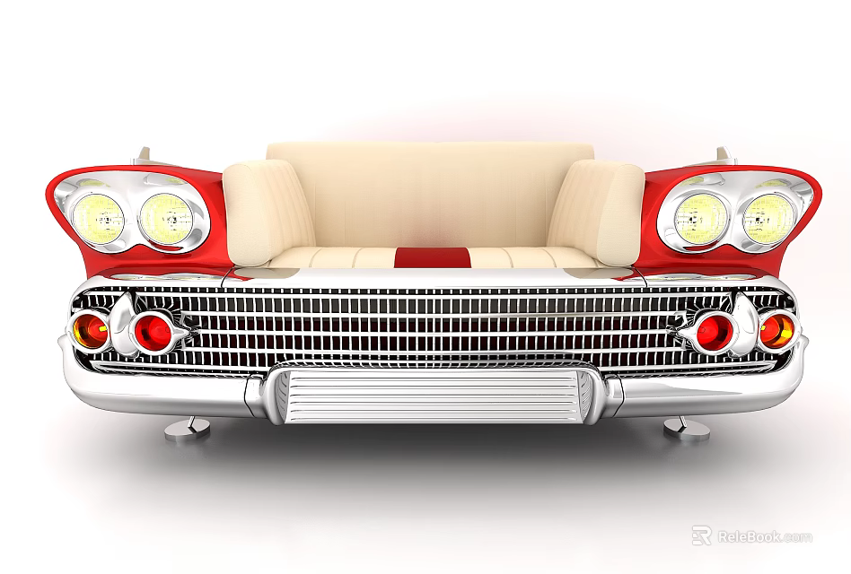 Creative Car Inspired Single Sofa with Red Beige Upholstery Headlight Decorations and Silver Grille Base 3d model 