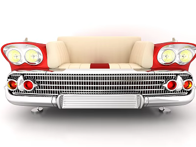 Creative Car Inspired Single Sofa with Red Beige Upholstery Headlight Decorations and Silver Grille Base 3d model